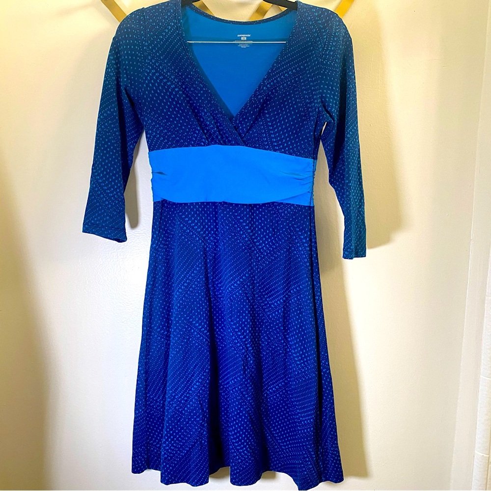 Patagonia Margot Blue 3/4 Sleeve V Neck Pullover Dress Small Organic Cotton REI